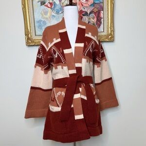 Vintage 70s Aztec Knit Belted Cardigan Sweater Size Medium